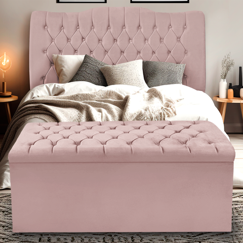 Kit Cabeceira e Calçadeira Baú Dunas Queen 160 Cm - Veludo Rose