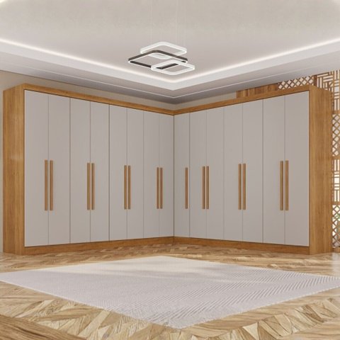 Guarda-Roupa Casal Modulado de Canto 15 Portas 6 Gavetas Multimóveis Crsal-Grp Cinamomo/Off White