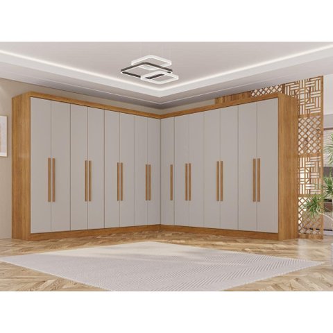 Guarda-Roupa Casal Modulado de Canto 15 Portas 6 Gavetas Multimóveis Cinamomo/Off White