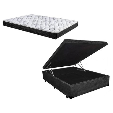 Cama Box Baú Casal Green Preto Suede + Colchão Espuma D33 138x188x16