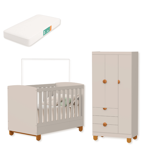Quarto de Bebe Berço Americano + Guarda Roupa Infantil 3P 3g Apolo com Colchão Areia Fosco