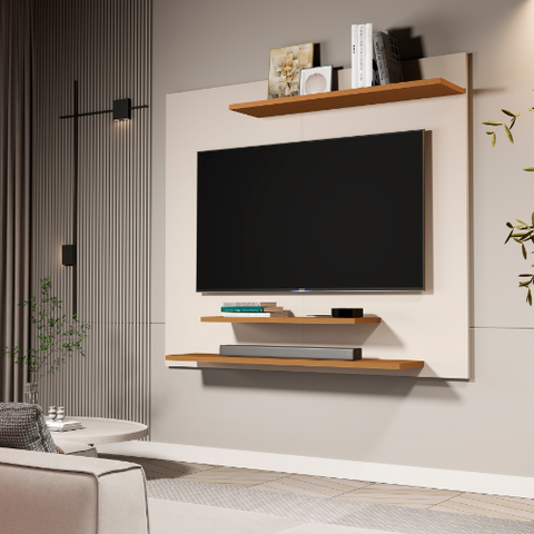 Painel de Parede para Tv 42” com 3 Prateleiras para Sala ou Quarto - Jm3 Móveis:offwhite/nature