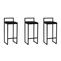 Kit 3 Banquetas Altas Industriais em Aço Dori Preto Assento Suede Preto - 1