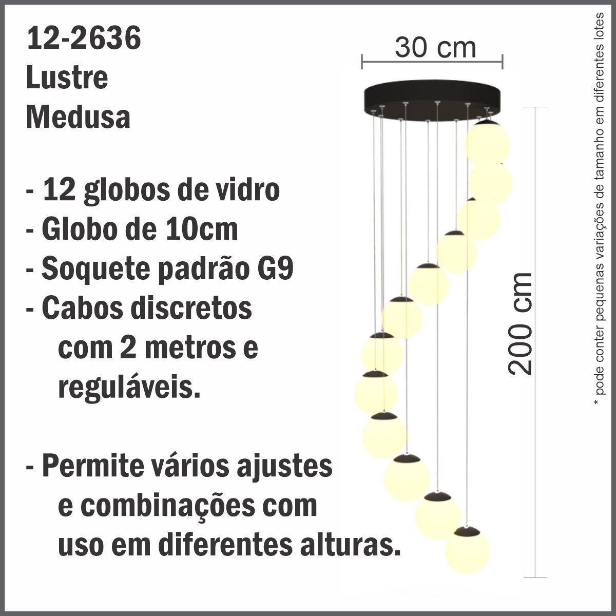 Lustre Grande Pendente Medusa PRETO - 12 Globos Vidro Branco - 7
