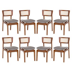 Kit 8 Cadeiras de Jantar Portugal Madeira Imbuia com Encosto Tela Rattan Linho Cinza L55