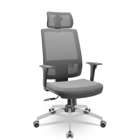 Cadeira Presidente Brizza Plaxmetal Tela Cinza Base Cromada Relax Assento Vinil