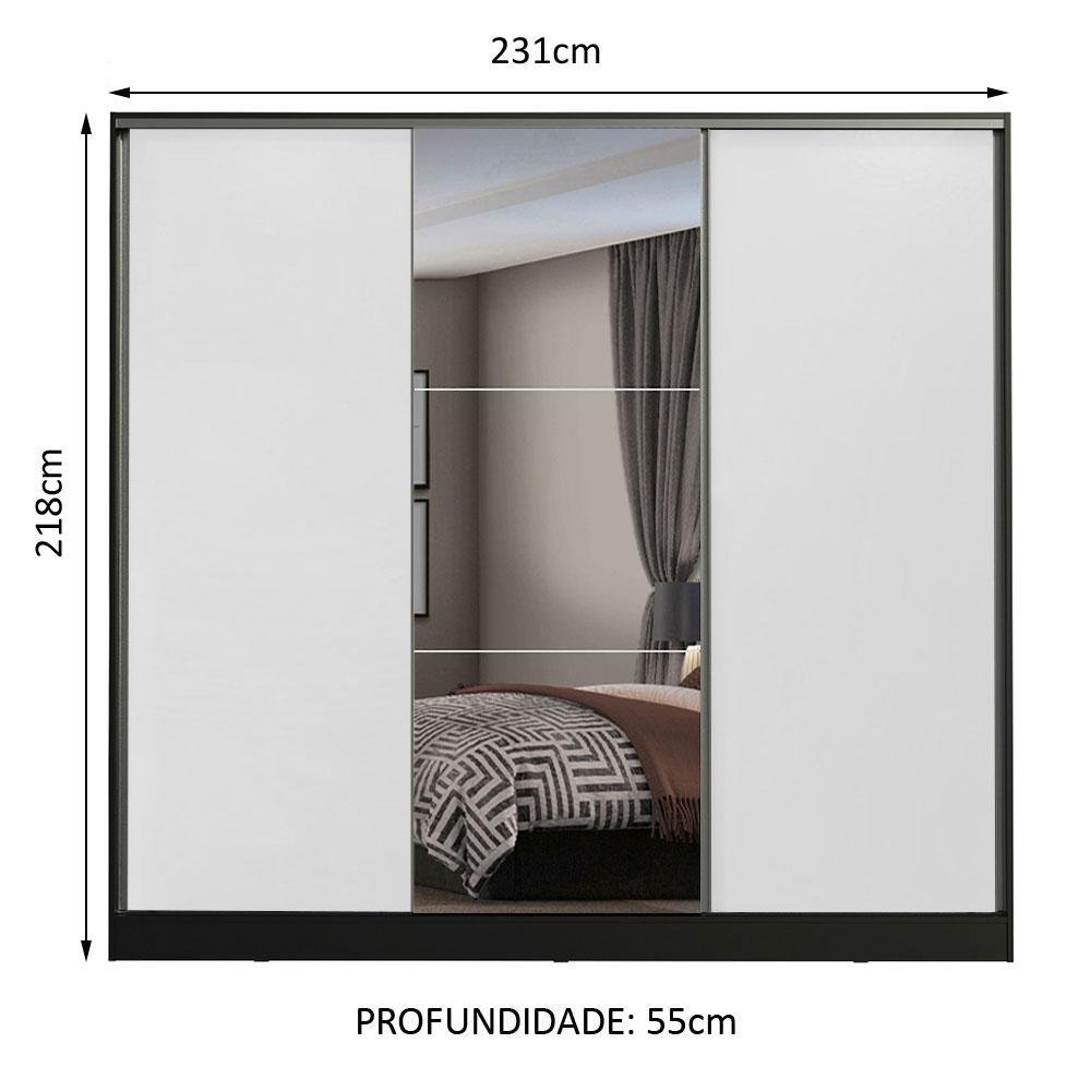 Guarda Roupa Casal 100% Mdf Madesa Zurique 3 Portas de Correr com Espelho - Preto/branco - 3