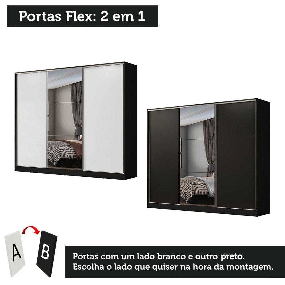 Guarda Roupa Casal 100% Mdf Madesa Zurique 3 Portas de Correr com Espelho - Preto/branco - 10