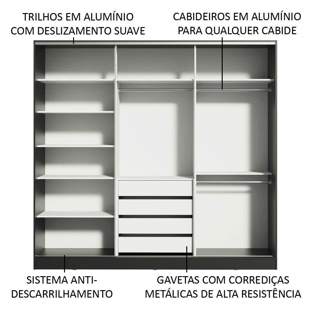 Guarda Roupa Casal 100% Mdf Madesa Zurique 3 Portas de Correr com Espelho - Preto/branco - 5