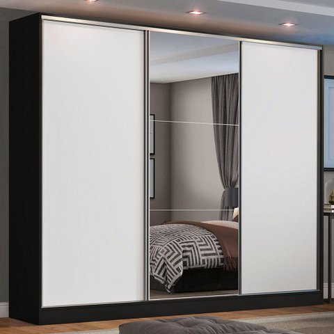 Guarda Roupa Casal 100% Mdf Madesa Zurique 3 Portas de Correr com Espelho - Preto/branco