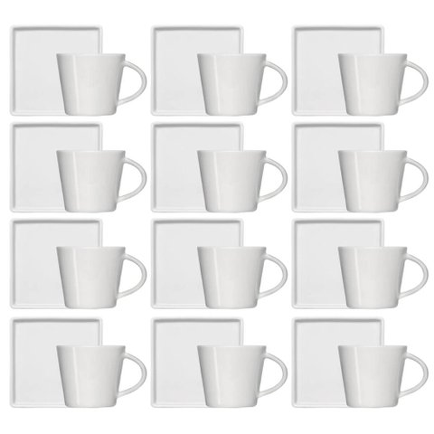 Kit 12 Xícaras de Café 90ml em Porcelana Branca com Pires Quadrado Germer