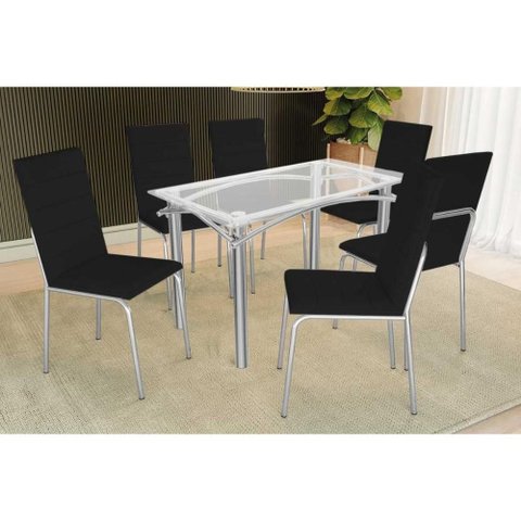 Sala de Jantar Completa Elba C/ Tampo de Vidro 120cm e 6 Cadeiras Amsterdã Cromada - Courano Preto