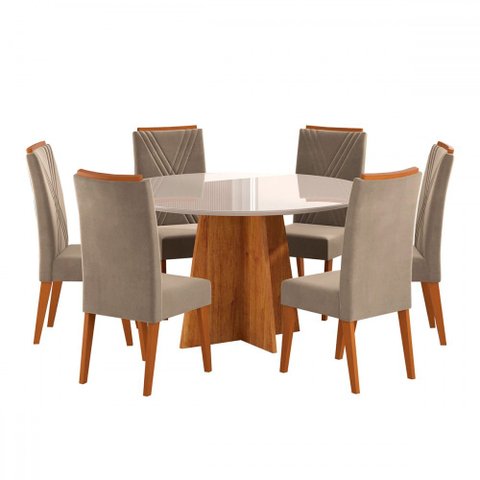 Mesa de Jantar 6 Lugares Calm com Vidro Mel/perola/off White - Viero Móveis