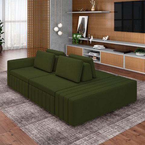 Sofá Ilha com Encosto e Almofadas Móveis Olimpo 285cm Modulado Linho Verde G45 - Gran Belo