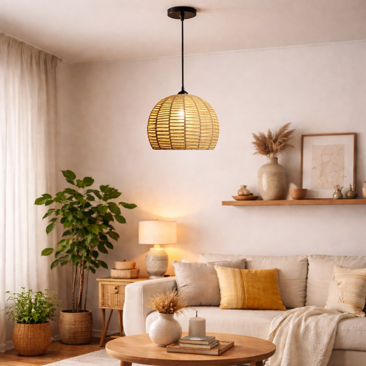 Ver imagem 2 de Luminária Pendente Globo 30cm Sisal Lustre Rústico Teto Kjdd-e-622-30cm