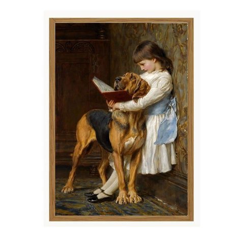 Quadro Moldurado Rivière Briton Menina Cachorro e Livro