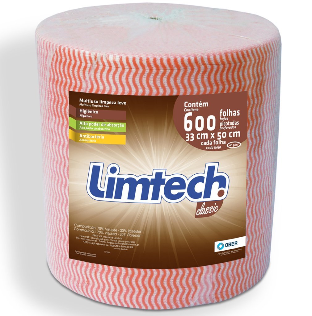 Pano Multiuso Limtech - 33cm X 300m - 600 Folhas - 45g/m² - Laranja