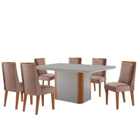 Mesa de Jantar Isadora 180cm Tampo Mdf Vidro com 6 Cadeira Diane Linho Capuccino Off White Natural