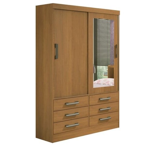 Guarda Roupa Solteiro com Espelho 2 Portas 6 Gavetas - Meridian -Cinamomo - Móveis D'Doro