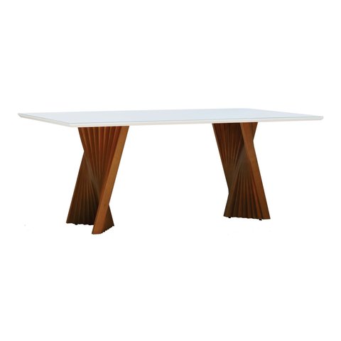 Mesa de Jantar Gus 200x100cm Tampo Mdf Laqueado com Vidro - Amêndoa Off White