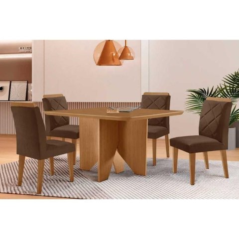 Conjunto: Mesa Sala Jantar Nevada C/ Tampo Madeirado Canto Curvo 90x90cm e 4 Cadeiras Pietá
