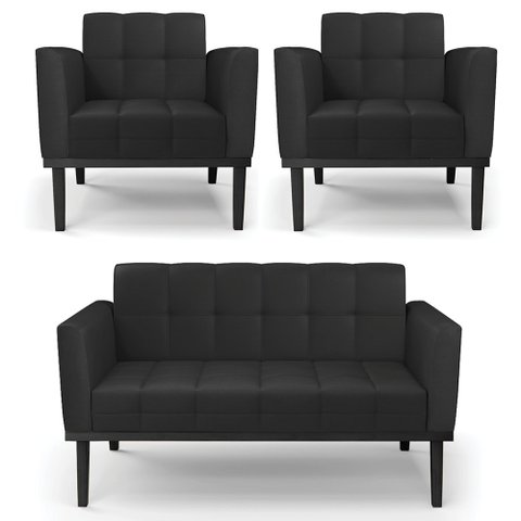 Sofá Namoradeira e 2 Poltronas Base Madeira Preto Ana Sintético Preto - Ibiza