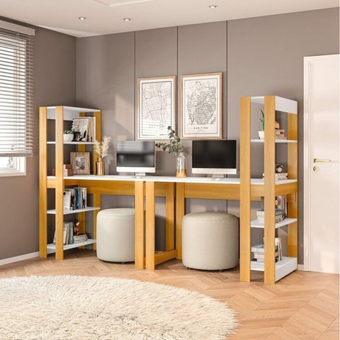 Conjunto com 2 Mesas Escrivaninhas com Estante e Licce 4 Prateleiras 120cm Branco e Freijó Marrom