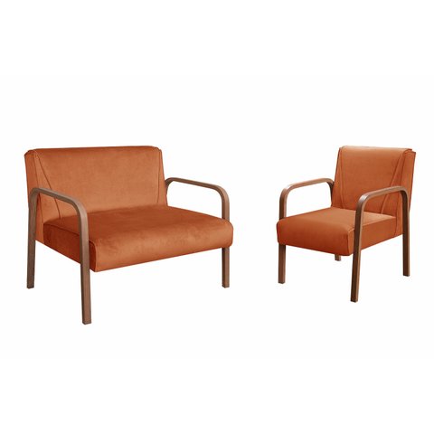 Conjunto Namoradeira + 1 Poltrona Anita Braço Madeira Decoração Recepção Sala -Veludo Terracota
