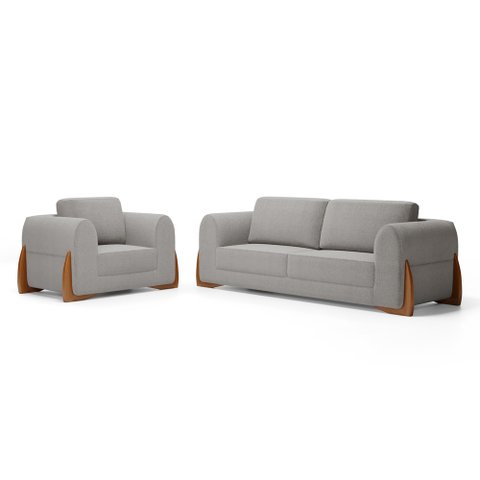 Kit Poltrona e Sofá Bloom 220cm 03 Lugares com Pés de Madeira Bouclê Cinza - Desk Design