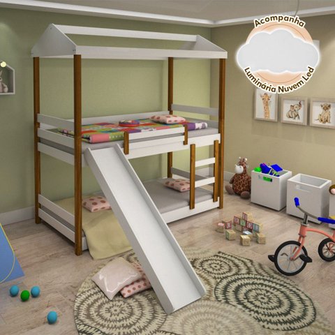 Beliche Infantil Solteiro Manuela com Escorregador Branco e Mel - Acompanha Nuvem Luminária Led