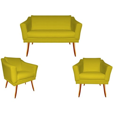 Kit Namoradeira + 2 Poltronas Decorativa Agatha Couro Amarelo Pés Madeira Ms Decor