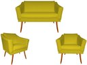 Ver imagem 1 de Kit Namoradeira + 2 Poltronas Decorativa Agatha Couro Amarelo Pés Madeira Ms Decor