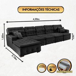 Sofá Orlando 4.20x2.10m com Chaise, Retrátil e Reclinável - Preto - 5
