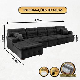 Sofá Orlando 4.20x2.10m com Chaise, Retrátil e Reclinável - Preto - 7