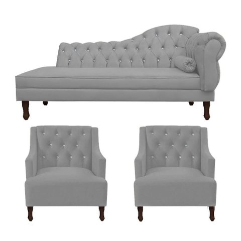 Kit Divã Cancun 160cm Braço Esquerdo + 2 Poltronas Genesis com Strass Suede: Cinza