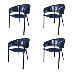 Kit 4 Cadeiras Sol Corda Náutica Base em Alumínio Preto/azul Marinho