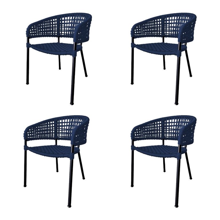Kit 4 Cadeiras Sol Corda Náutica Base em Alumínio Preto/azul Marinho