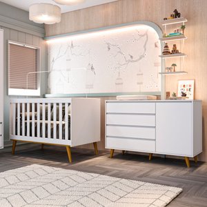 Quarto de Bebê Berço 3 em 1 Retrô Ludmila Cômoda com Fraldário Gran Lorena Branco Carolina Baby