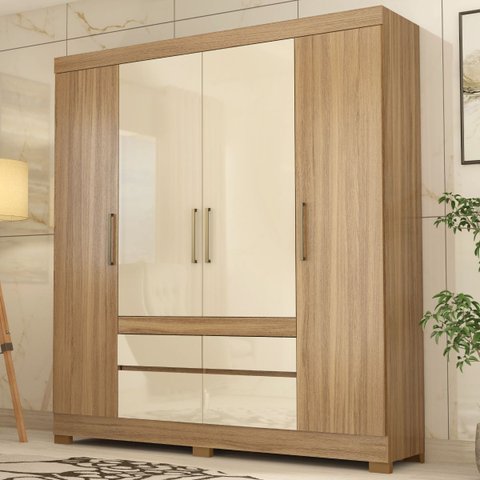 Guarda-Roupa Casal 4 Portas 4 Gavetas Bilbao Marrom/Amendola/Off White