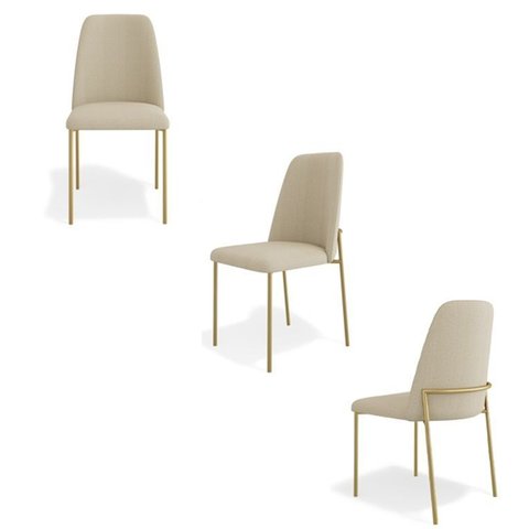 Kit 3 Cadeiras Estofadas Lucy Aço Dourado Linho Bege