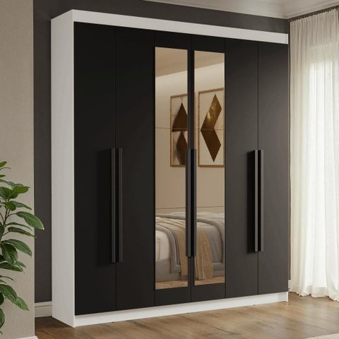Guarda-roupa Casal 6 Portas Batentes com Espelho Venus Madesa Branco/preto