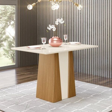 Mesa de Jantar 4 Lugares Retangular Orus Branco/Nature/Off White