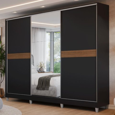 Guarda-Roupa Casal 100% MDF com Pés 3 Portas 1 Espelho Preto Malta Madesa