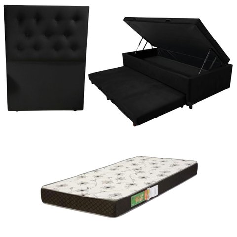 Cama Box Baú Solteiro com Auxiliar (Bicama) + Colchão Solteiro Espuma D20 12cm | Kit Completo com Ca