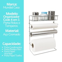 Suporte Cook Porta Rolos Parede 5 em 1 Aço Cromado Prime - Mundial Casa - 5
