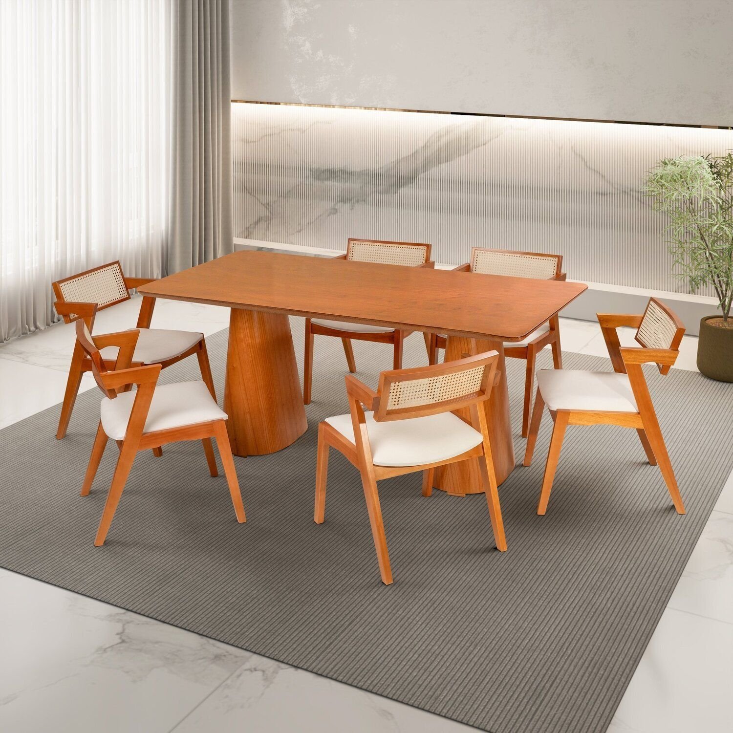 Conjunto Mesa com 6 Cadeiras em Madeira Maciça Natural e Estofada ...