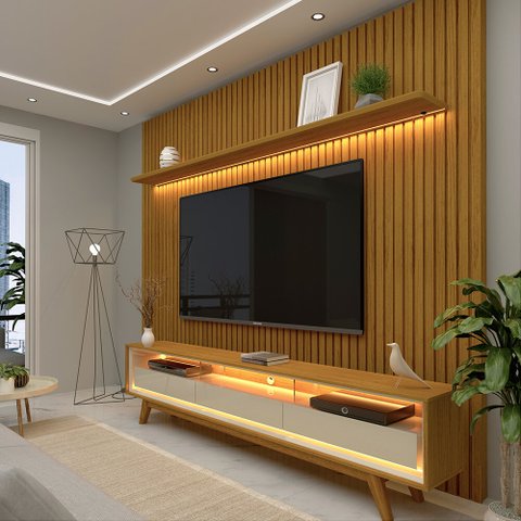 Painel e Rack Ripado com LED Nobre 230 Naturale Off White - Gelius