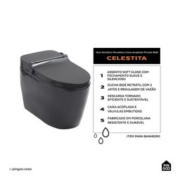 Vaso Sanitário Monobloco Caixa Acoplada Privada Bidê Celestita Pingoo.casa - Preto - 4