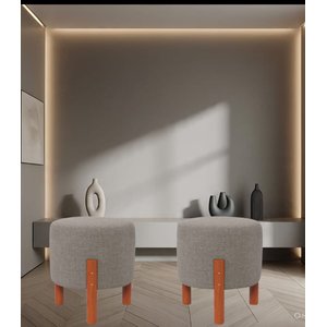 Kit 2 Puffs Redondo Linho Banqueta Decorativo Sala Quarto Escritório com Pés em Madeira Maciça:cinza