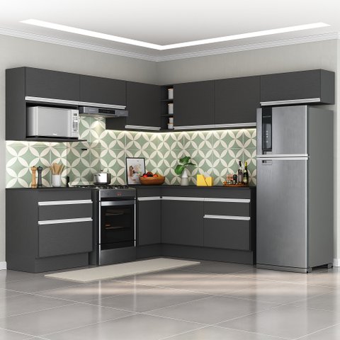 Armário de Cozinha Completa de Canto com Rodapé Veneza Multimóveis Mp2106.898 Preto/branco